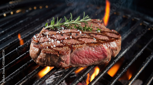 Wallpaper Mural Juicy grilled beef steak with perfect sear marks on a flaming hot grill. High-quality close-up food photography with a dark background.  Torontodigital.ca