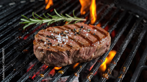Juicy grilled beef steak with perfect sear marks on a flaming hot grill. High-quality close-up food photography with a dark background. 