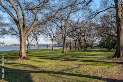 Riverside parkland with bare trees.  Gentle sunlight filters through the leafless canopies, casting shadows across the grassy expanse.  A serene view of a waterfront park on a clear day