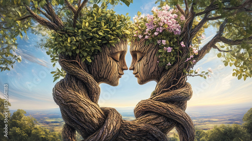 A surreal and emotionally profound digital painting of two intertwined trees, one male and one female, locked in a tender embrace