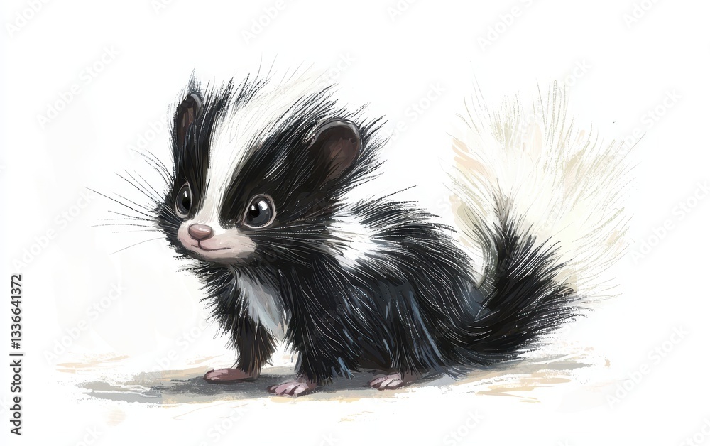 Painted drawing illustration of a fluffy baby skunk with a tiny, shy smile. On white background. Kids book style Painted drawing illustration of a fluffy baby skunk with a tiny, shy smile. On white background. Kids book style