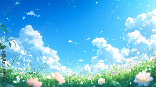春風が吹く青空の草原