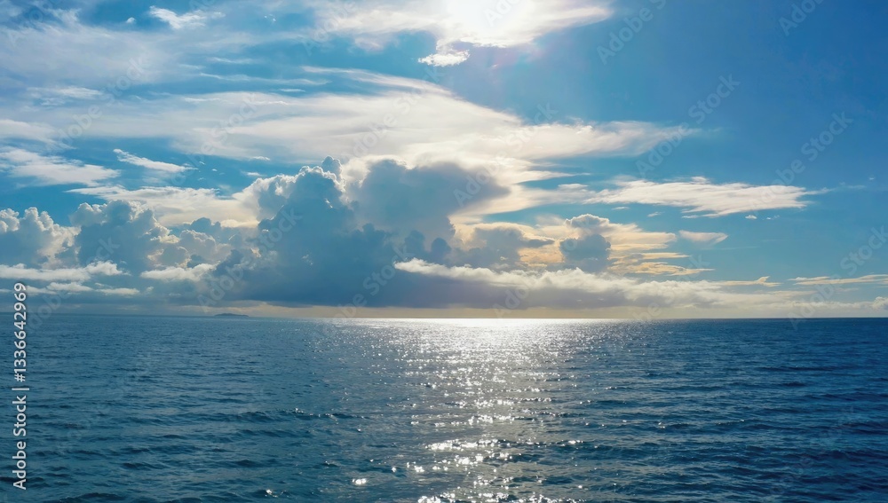 Obraz premium Endless Horizon: Capture the vast expanse of the open sea under a dramatic, cloud-filled sky. The sun casts a brilliant, glistening path across the water, creating a sense of peace. 