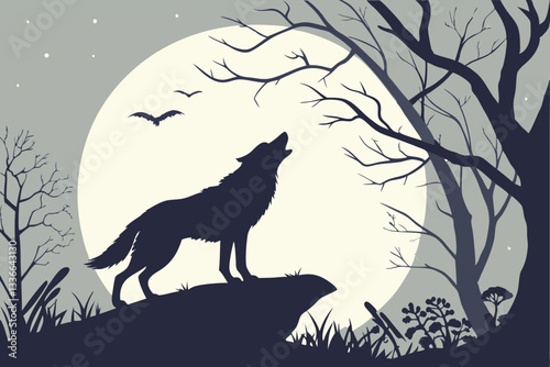 mystical wolf howling on hilltop in moonlight forest scene

