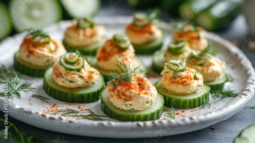 Wallpaper Mural Elegant cucumber appetizer bites adorned with creamy hummus and exquisite garnishes Torontodigital.ca