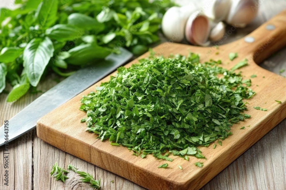 Freshly chopped herbs on a wooden cutting board in a kitchen setting Generative AI Freshly chopped herbs on a wooden cutting board in a kitchen setting Generative AI