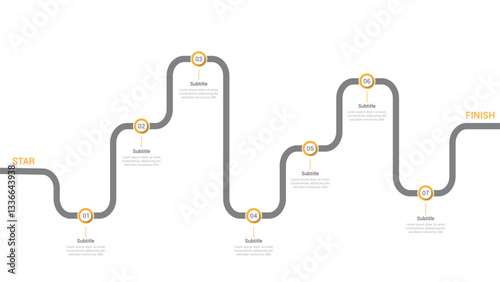 Infographic roadmap design template. Business Timeline of 7 Important Business Events annual business presentation. Vector illustration