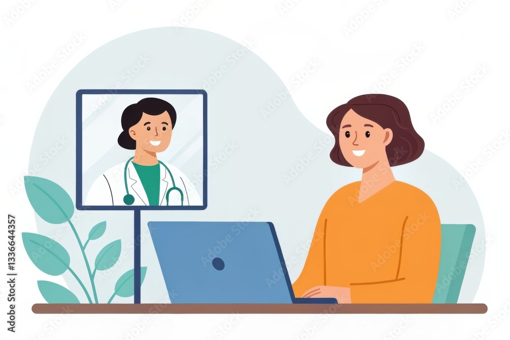 Digital health care and Telemedicine concept. A woman consults a doctor via video call on her laptop in a cozy setting. Digital health care and Telemedicine concept. A woman consults a doctor via video call on her laptop in a cozy setting.
