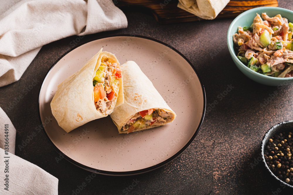 Shawarma in pita bread with meat and vegetables on a plate on the table
