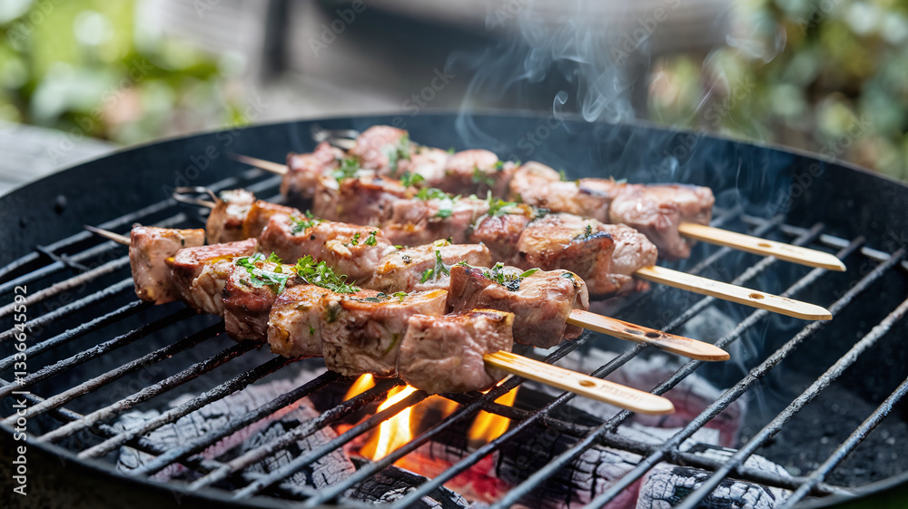 A close-up shot of juicy, perfectly grilled meat skewers sizzling on a charcoal barbecue with mild flames and smoke, creating a mouthwatering, smoky, and delicious BBQ scene. A close-up shot of juicy, perfectly grilled meat skewers sizzling on a charcoal barbecue with mild flames and smoke, creating a mouthwatering, smoky, and delicious BBQ scene.