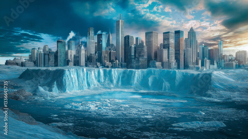 Monumental Glacier Overwhelms Sci-Fi Urban Sprawl, Illustrating Climate Change Dilemma