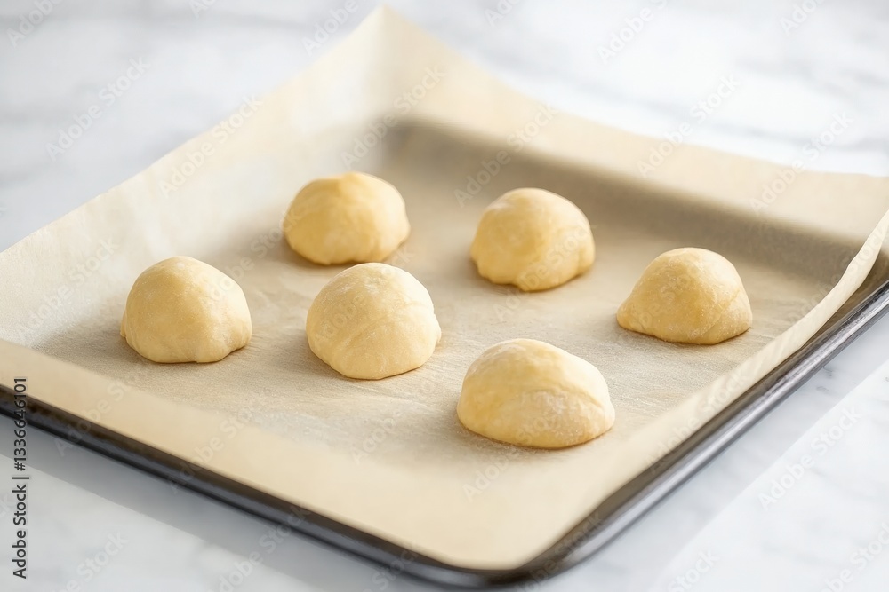 Baking sheet filled with dough balls ready for oven preparation Generative AI Baking sheet filled with dough balls ready for oven preparation Generative AI