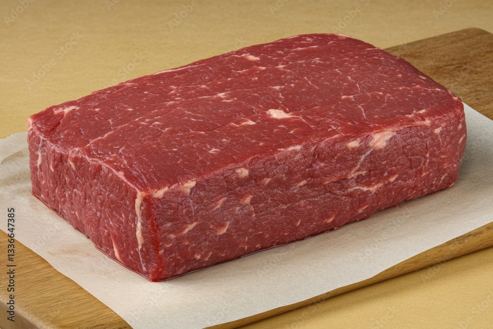 Fototapeta premium Freshly cut beef resting on a butcher block at a culinary preparation area Generative AI