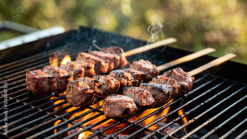 A close-up shot of juicy, perfectly grilled meat skewers sizzling on a charcoal barbecue with mild flames and smoke, creating a mouthwatering, smoky, and delicious BBQ scene. 