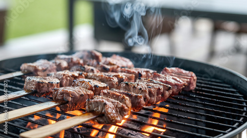 A close-up shot of juicy, perfectly grilled meat skewers sizzling on a charcoal barbecue with mild flames and smoke, creating a mouthwatering, smoky, and delicious BBQ scene. 