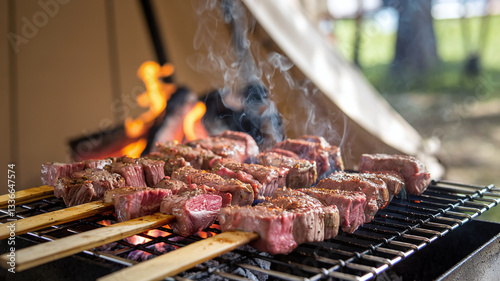 A close-up shot of juicy, perfectly grilled meat skewers sizzling on a charcoal barbecue with mild flames and smoke, creating a mouthwatering, smoky, and delicious BBQ scene. 