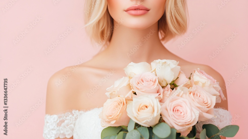 Woman holding bouquet of soft pink roses, elegant fashion with a light blouse, pastel background adds a romantic touch. Woman holding bouquet of soft pink roses, elegant fashion with a light blouse, pastel background adds a romantic touch.