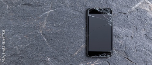 Black smartphone lying on a gray textured surface. the phone is in the center of the image and is facing towards the right side. the screen of the phone is cracked and appears to be empty.