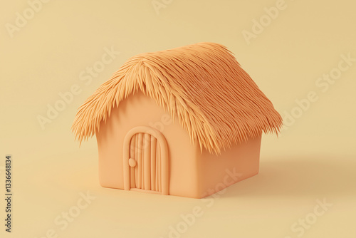 3D illustration of a small clay house with a thatched straw roof in a soft pastel yellow tone. A cozy rural hut concept symbolizing simplicity, traditional living, and natural handmade architecture.
