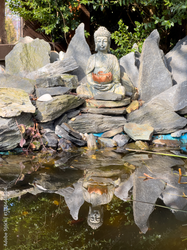 buddha statue in the Japan garden with pond vertical