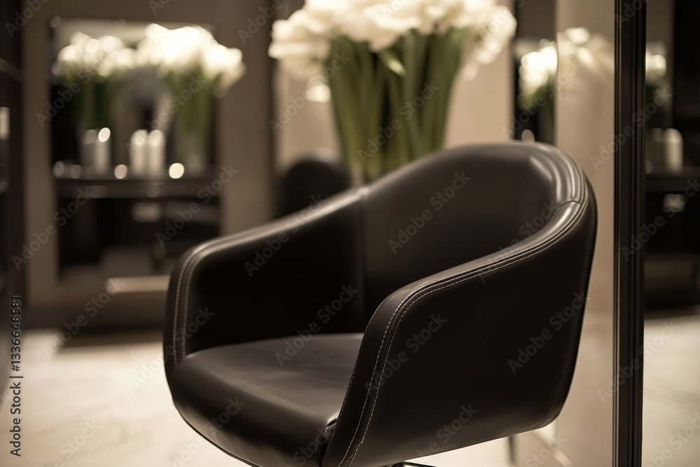 Fototapeta premium Modern black styling chair with silver accents in elegant salon setting Generative AI