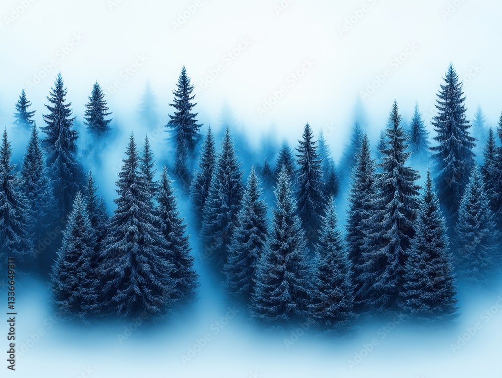 Obraz premium Serene winter forest landscape shrouded in mist with evergreen trees