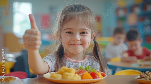 Child giving a thumbs up with a healthy meal, promoting good nutrition.