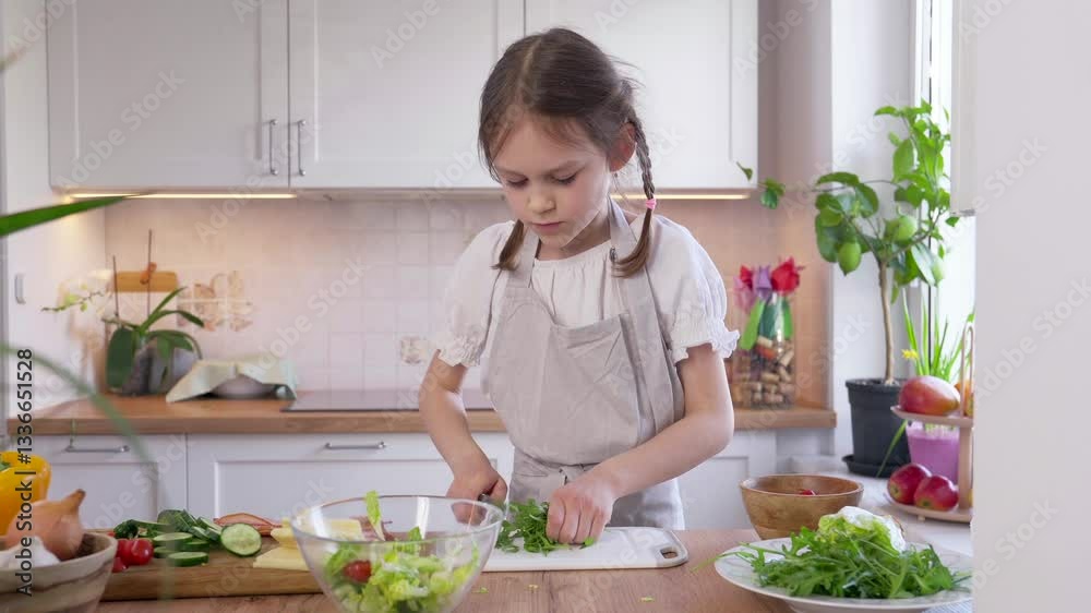 A little girl is enthusiastically preparing a fresh salad in a cozy kitchen A little girl is enthusiastically preparing a fresh salad in a cozy kitchen