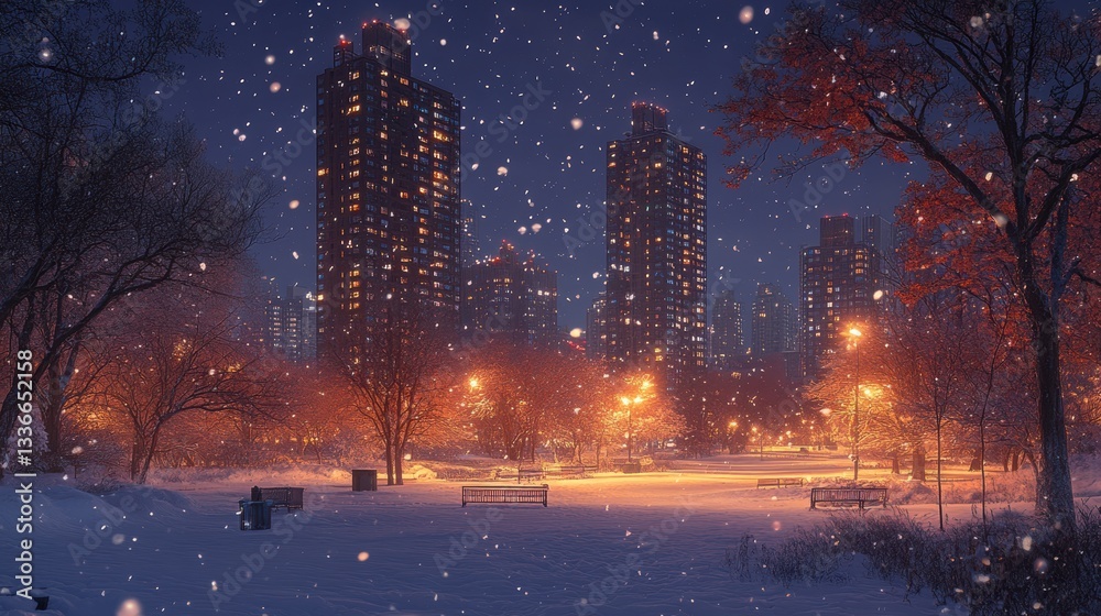 Fototapeta premium Snowy city park at night, illuminated buildings in background, winter scene, ideal for calendar