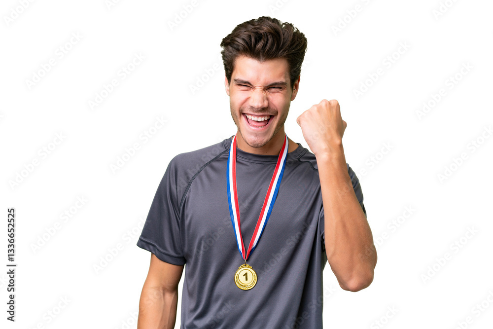 Young caucasian man with medals over isolated background celebrating a victory Young caucasian man with medals over isolated background celebrating a victory