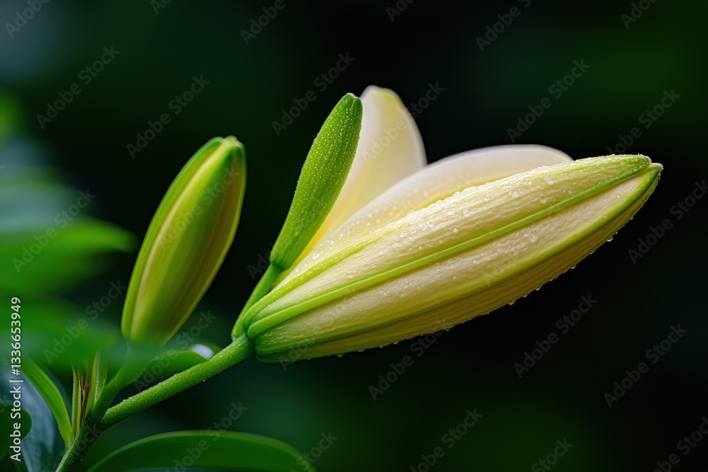 Obraz premium Pale yellow lily bud, dew drops