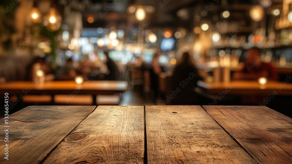 Rustic wooden table in cozy cafe with warm ambient lighting and blurred background Rustic wooden table in cozy cafe with warm ambient lighting and blurred background