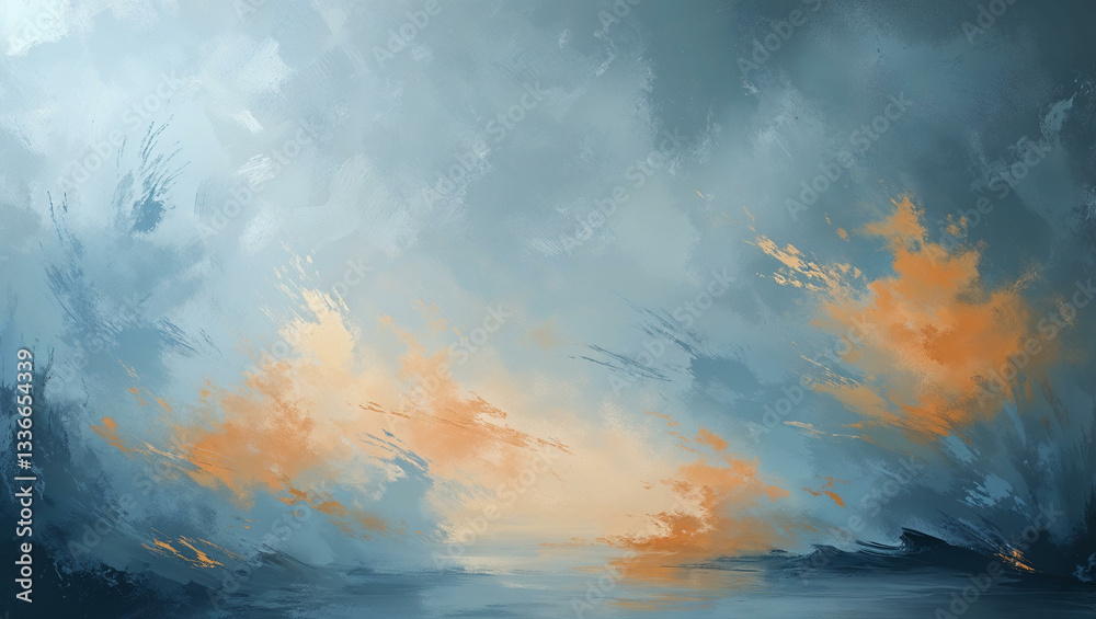 Fototapeta premium A tranquil, atmospheric background with ambient lighting, featuring soft blues and warm oranges blending in a painterly fashion to create an elegant aesthetic.