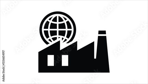 Global Industry Icon. Factory with Globe. International Manufacturing Vector.