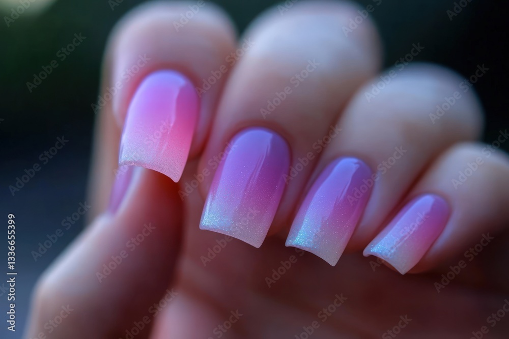 Close-up of perfectly manicured nails with a soft, ombre pink and beige gradient Close-up of perfectly manicured nails with a soft, ombre pink and beige gradient