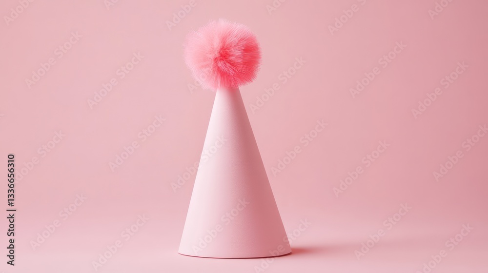 Pink party hat with pom-pom on pink background