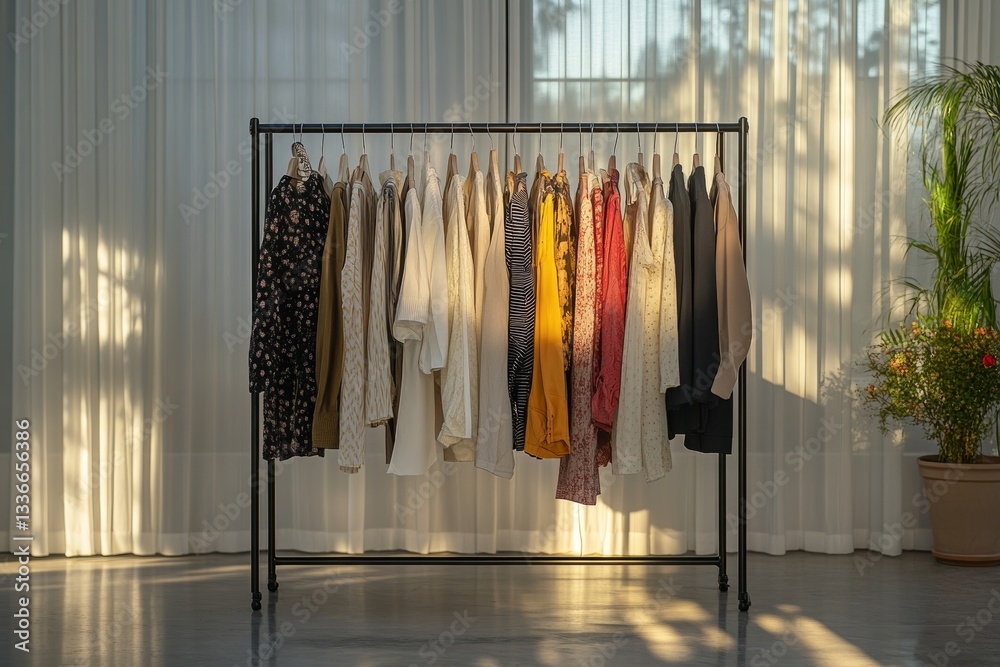 stylish clothing rack with elegant neutral and warm toned garments in cozy sunlit interior with soft shadows