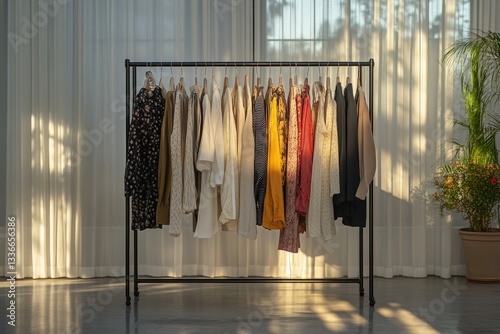 Obraz na płótnie stylish clothing rack with elegant neutral and warm toned garments in cozy sunlit interior with soft shadows w salonie