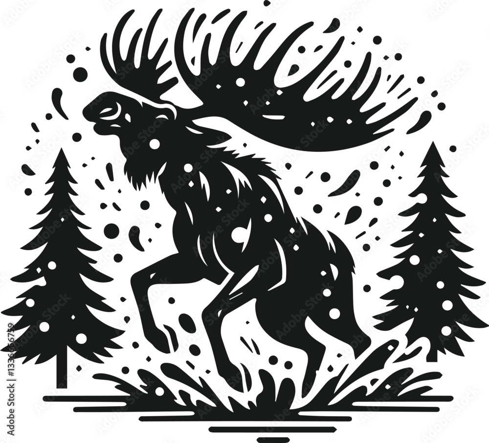 Fototapeta premium Moose shaking off snow angrily vector silhouette