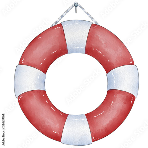 Watercolor Red and White Lifebuoy Summer Illustration. Safety and relaxation during the summer season