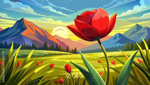 open bud of red poppy flower in the field. wonderful sunny afternoon weather of mountainous countryside. blurred background