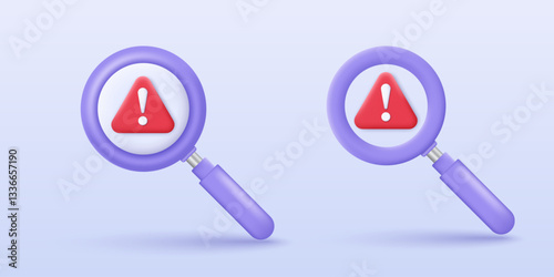 3D Magnifying glass with triangle warning icon. Data breach, Malware, Cyber Attack, Hacking, and Security protection Concept. Danger hazard notification. 3D signal vector icon render illustration. photo