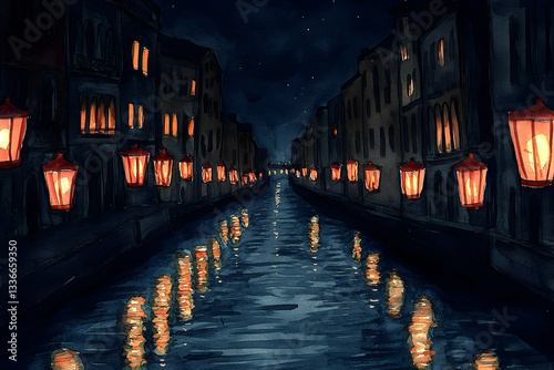 Serene night scene of a canal illuminated by glowing lanterns with reflections in the water