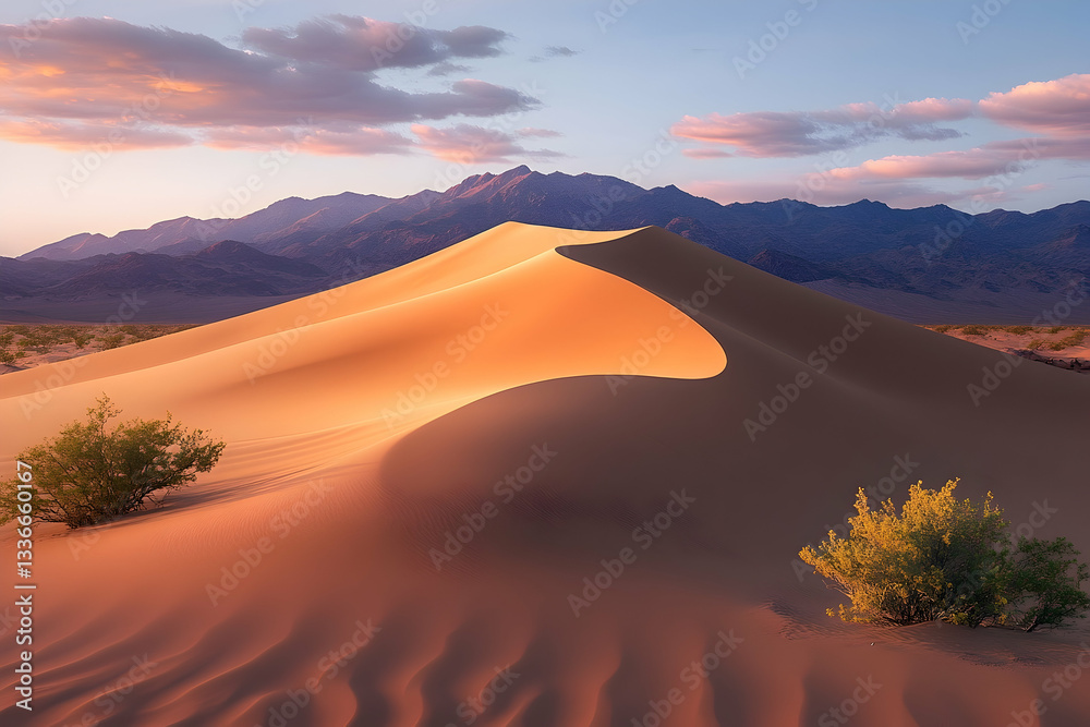 Naklejka premium Serene sunset over golden sand dunes in a desert landscape with distant mountains and soft clouds
