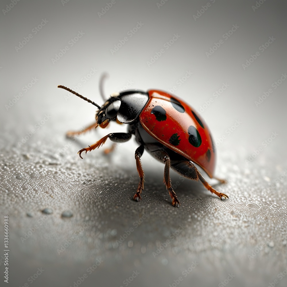 Shiny Red Ladybug with Symmetrical Black Spots on a Clean White Background Shiny Red Ladybug with Symmetrical Black Spots on a Clean White Background