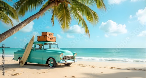Vintage Car with Surfboard on Tropical Beach