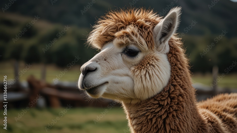Fototapeta premium Alpaca profile, fluffy, outdoor