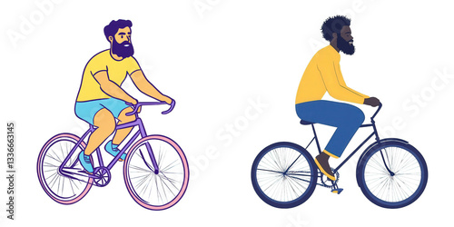 Men cycling on bikes, side view, flat design, isolated on white background isolated on white or transparent