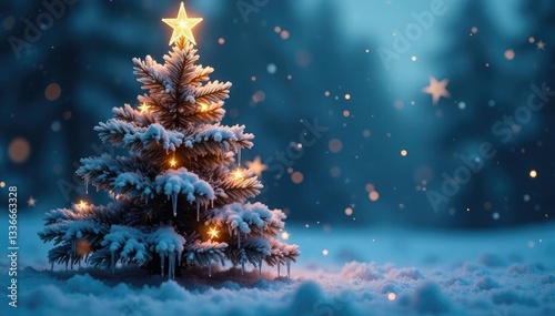 Sparkling stars illuminate the branches of a bare Christmas tree covered in delicate snowflakes and icicles in frosty conditions, icy, wintery