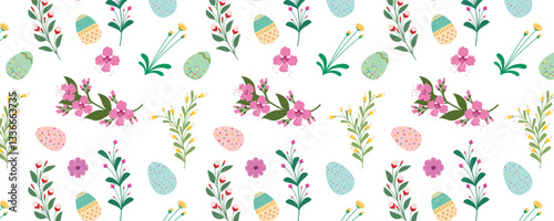 happy easter day vector floral background with easter eggs and floral leaves and flowers